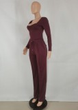 Winter Burgunry Square Neck Long Sleeve Top and Sweatpants Two Piece Set