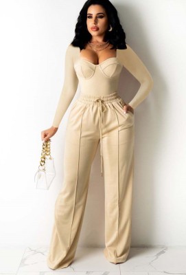 Winter Beige Square Neck Long Sleeve Top and Sweatpants Two Piece Set