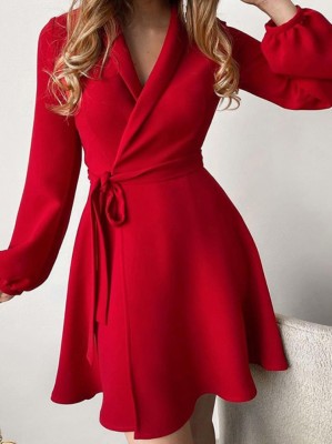 Autumn Red V-Neck Wrap Elegant Cocktail Dress