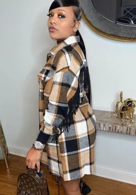 Autumn Brown Plaid Print Full Sleeves Long Blouse