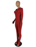 Winter Red Front Zipped Tight Stack Jumpsuit