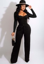 Winter Black Square Neck Long Sleeve Top and Sweatpants Two Piece Set