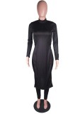 Winter Black Casual Knitting Side Slit Long Top and Tight Pants Two Piece Set