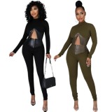 Winter Green Leather Patch Zipper Crop Top and Pants Two Piece Set