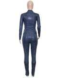 Winter Blue Metallic Tight Top and Slit Pants Two Piece Set