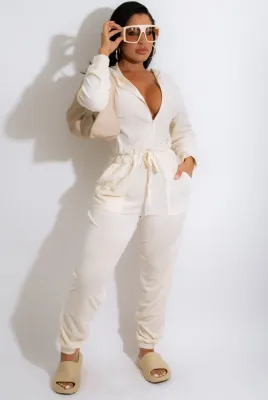 Winter Beige Front Zipped Drawstrings Hooded Velvet Jumpsuit