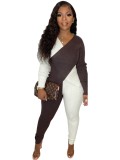 Winter Brown and Beige Knitting V-Neck Wrap Jumpsuit