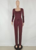 Winter Burgunry Square Neck Long Sleeve Top and Sweatpants Two Piece Set