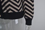 Winter Black Knitting Wavy Print V-Neck Sweater Coat