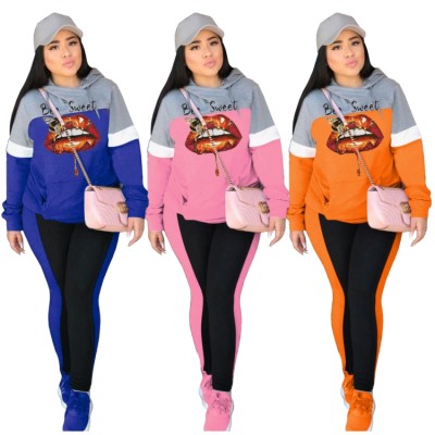 Winter Lipsy Print Contrast Color Two Piece Hoodies Sweatsuit