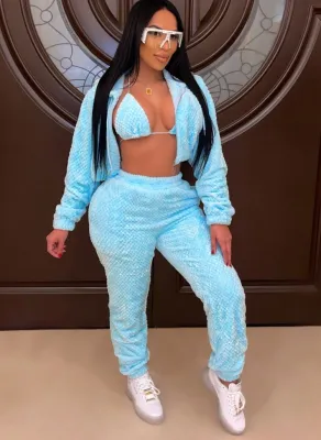 Winter Blue 3 Piece Knit Hoodies Tracksuit