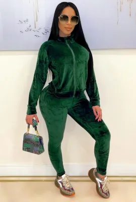Winter Green Velvet Zipper Two Piece Tracksuit