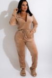 Winter Khaki Front Zipped Drawstrings Hooded Velvet Jumpsuit