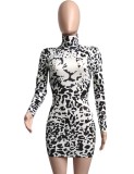 Autumn Black Leopard Print Turtleneck Long Sleeve Mini Club Dress