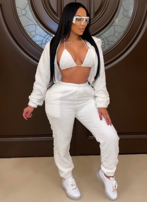 Winter White 3 Piece Knit Hoodies Tracksuit