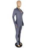 Winter Blue Front Zipped Tight Stack Jumpsuit