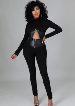 Winter Black Leather Patch Zipper Crop Top and Pants Two Piece Set