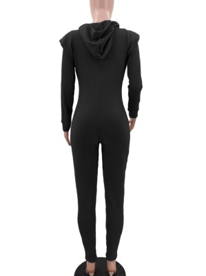 Winter Black Knitting Front Zipper Bodycon Jumpsuit