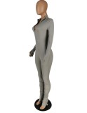 Winter Grey Front Zipped Tight Stack Jumpsuit