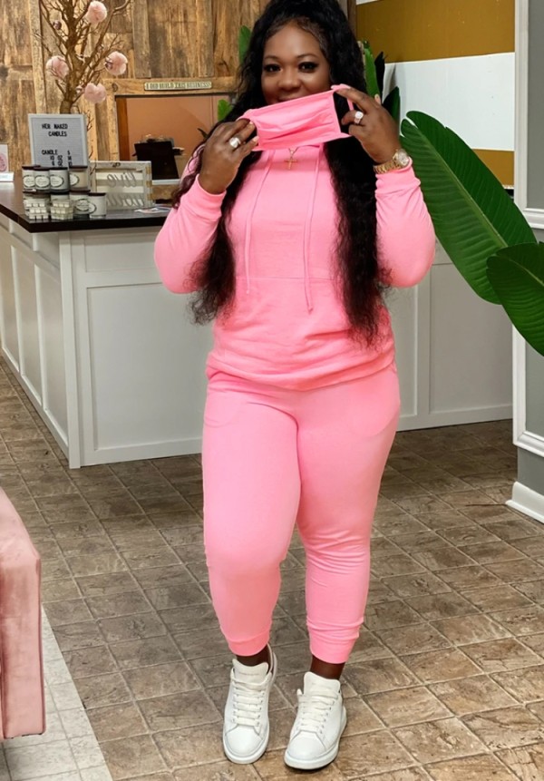 Winter Pink Blank Front Pocket Two Piece Hoodies Sweatsuit with Face Cover