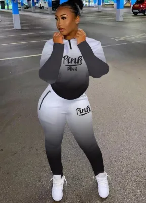 Winter Black Gradient Letter Print Two Piece Sweatsuit