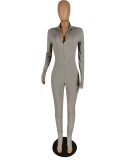 Winter Grey Front Zipped Tight Stack Jumpsuit