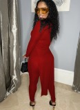 Winter Red Casual Knitting Side Slit Long Top and Tight Pants Two Piece Set
