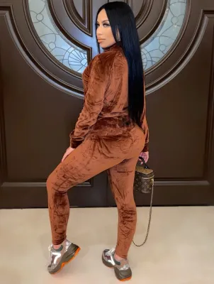 Winter Brown Velvet Zipper Two Piece Tracksuit