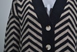 Winter Black Knitting Wavy Print V-Neck Sweater Coat