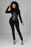 Winter Black Leather Patch Zipper Crop Top and Pants Two Piece Set