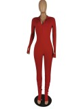 Winter Red Front Zipped Tight Stack Jumpsuit