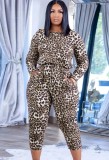 Winter Brown Leopard Print Crew Neck Drawstrings Jumpsuit