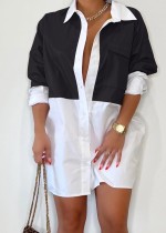 Autumn White and Black Contrast Long Sleeve Blouse Dress