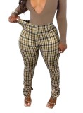 Winter Brown Plaid Print Slit Bottom High Waist Stack Tight Leggings