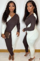 Winter Brown and Beige Knitting V-Neck Wrap Jumpsuit