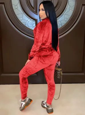 Winter Red Velvet Zipper Two Piece Tracksuit