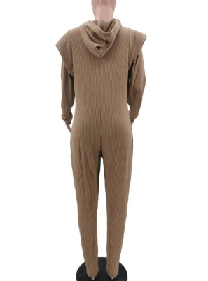 Winter Khaki Knitting Front Zipper Bodycon Jumpsuit