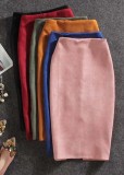 Winter Khaki Velour Back Slit High Waist Pencil Skirt