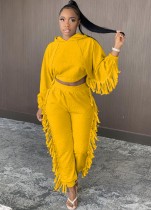 Winter Yellow Fringe Crop Hoody and Pants Two Piece Sweatsuit
