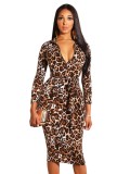 Winter Leopard Print Zipper Long Sleeves Midi Dress