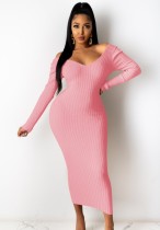 Winter Pink Knitting V-Neck Long Bodycon Dress
