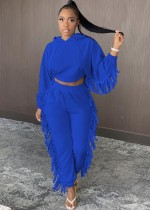 Winter Blue Fringe Crop Hoody and Pants Two Piece Sweatsuit