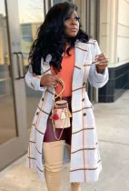 Winter Grey Plaid Print Turndown Collar Long Sleeves Long Jacket