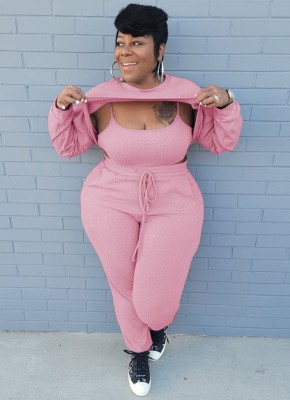 Winter Pink Three Piece Knit Crop Top and Pants Plus Size Set