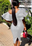 Winter Grey Puff Sleeve One Shoulder Floral Long Bodycon Dress