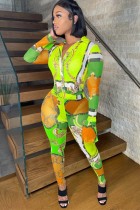 Autumn Green Print Sexy One Piece Long Sleeve Bodycon Jumpsuit