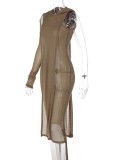 Autumn Khaki Street Style Single Sleeve Hooded Bodycon Dress