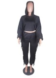 Winter Black Fringe Crop Hoody and Pants Two Piece Sweatsuit