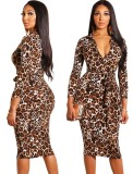 Winter Leopard Print Zipper Long Sleeves Midi Dress