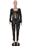 Winter Black Leather Tied Top and Slit Pants Two Piece Set